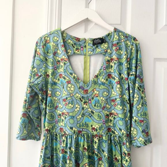 Dolly and Dotty Unique Vintage Billie Green Car Race Track Midi Flared Dress 10 - Picture 3 of 9